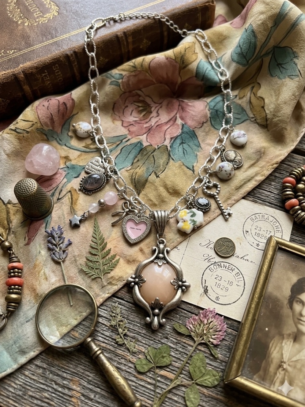 OOAK Handmade Silver Tone Charm Necklace with Pink and Cream Pendants